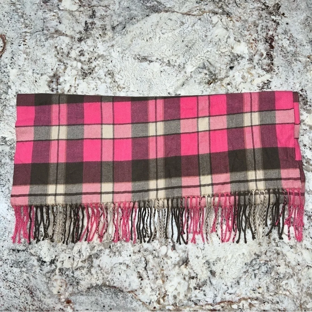 Gap Brown and Pink Very Soft Plaid Shawl Scarf With Fringe Hem - Picture 6 of 8